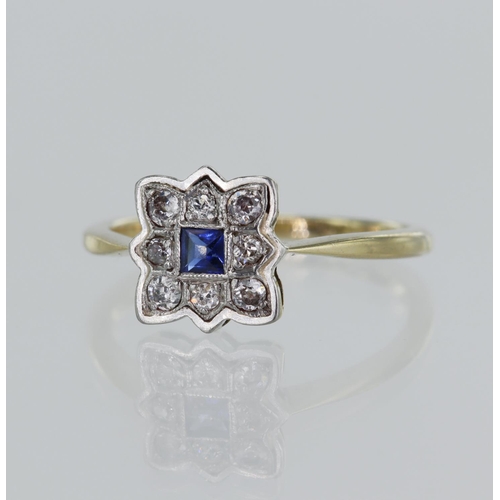 110 - Yellow gold (tests 15ct) vintage diamond and synthetic sapphire cluster ring, square syn. sapphire m... 