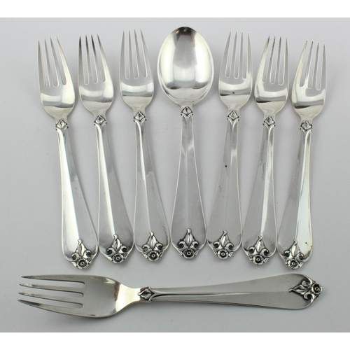 1100 - Mixed lot of Danish silver flatware comprising seven silver table forks marked for Copenhagen (1 x 1... 