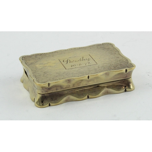 1104 - Silver gilt engine turned snuff box, top inscribed 