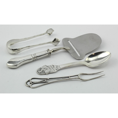 1105 - Mixed lot of Danish silver flatware comprising a pair of silver sugar tongs, a silver handles cheese... 