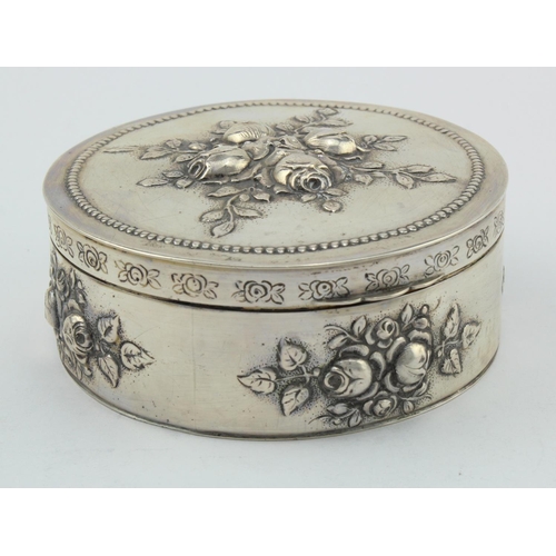 1114 - German white metal gilt lined box, with floral embossed decoration, marks to base and stamped '800',... 