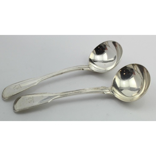 1115 - Two heavy George IV fiddle & thread pattern silver sauce ladles , hallmarked London, 1825 (Maker too... 