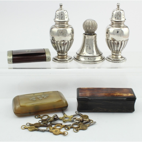 1116 - Two silver pepper pots (height 95mm approx.), silver paperweight, three various snuff boxes & a coll... 