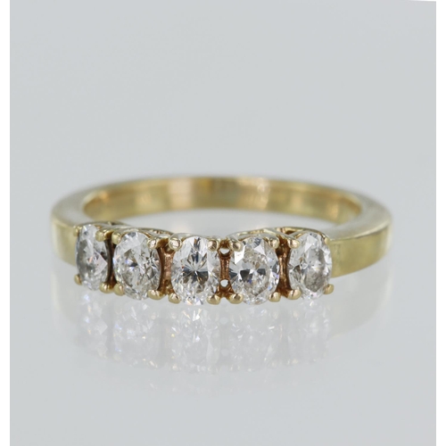 112 - 18ct yellow gold diamond dress ring, set with five oval brilliant cuts, TDW approx. 1.10ct, estimate... 