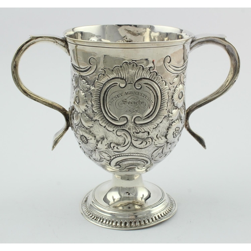 1120 - George III silver two handled Prize Cup with later embossing - engraved 