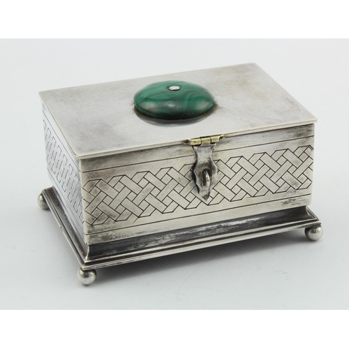 1125 - Russian silver box/casket with a malachite finial marked for 84 zolotniks,  period 1908 to 1917, Mak... 