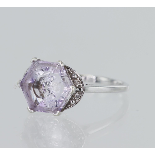 114 - 9ct white gold fantasy cut amethyst and diamond dress ring, hexagonal amethyst measures approx. 9mm ... 