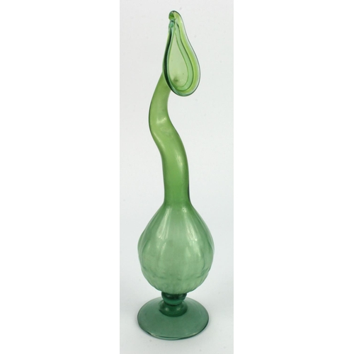 1143 - Sculptural handblown green glass vase in the shape of a tubular (carniverous) plant. The conical foo... 