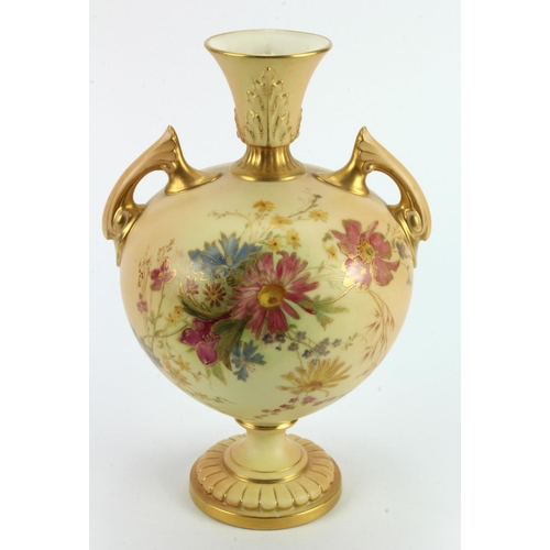 1145 - Royal Worcester Blush Ivory vase with twin handles. No.2249 (stamped to base). The pink, blue and ye... 