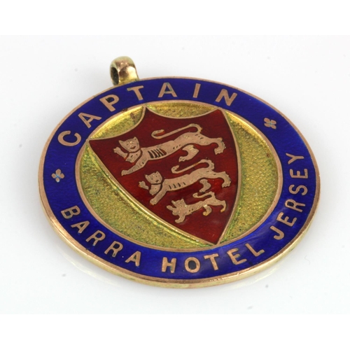 1148 - 9ct yellow gold vintage enamelled fob, 'Captin Barra Hotel Jersey', weight 11.3g.