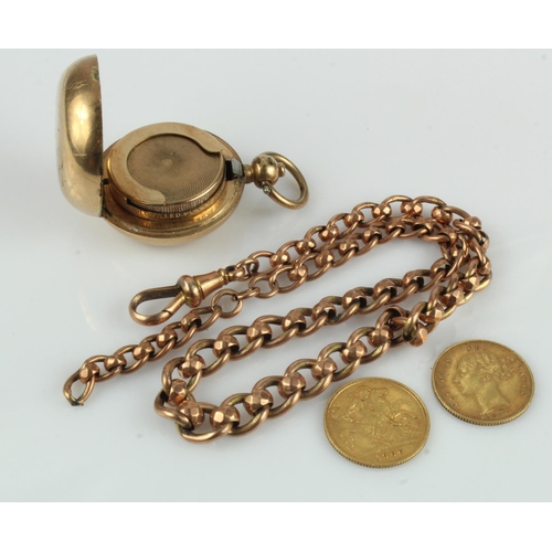 1149 - 9ct gold filled sovereign holder along with a broken 9ct pocket chain (15g) and two half sovereigns ... 