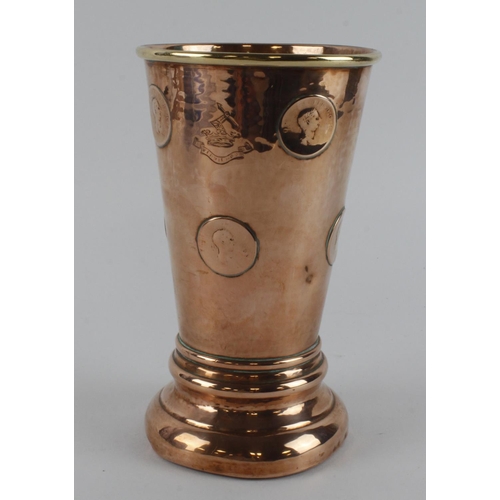 1155 - Coin Goblet. A large polished copper cup set with George III Halfpennies, and engraved with a coat o... 