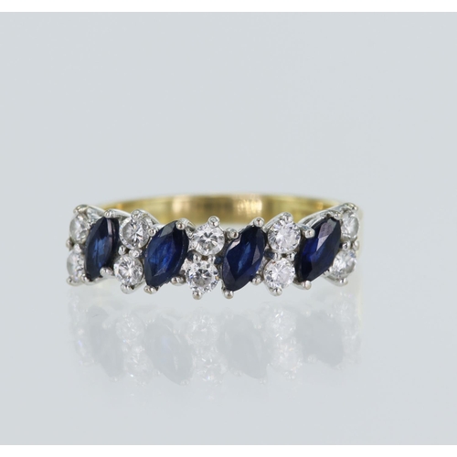 14 - 18ct yellow gold diamond and sapphire half eternity ring, four marquise shaped sapphires measuring a... 