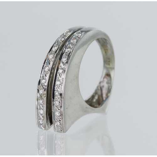 15 - White gold (tests 18ct) contemporary diamond ring, two rows of round brilliant cuts TDW approx. 0.10... 