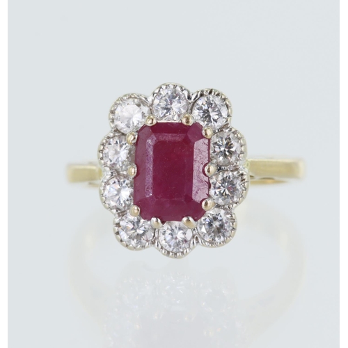 18 - Yellow gold (tests 18ct) diamond and ruby cluster ring, one flux-filled step cut ruby measures appro... 