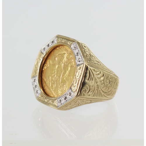 191 - Half sovereign mounted ring, 1913 half sovereign mounted in to a 9ct yellow hexagonal ring mount, be... 