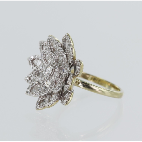 205 - Yellow gold (tests 9ct) diamond set flower dress ring, TDW approx. 2.195ct, principal approx. 0.11ct... 