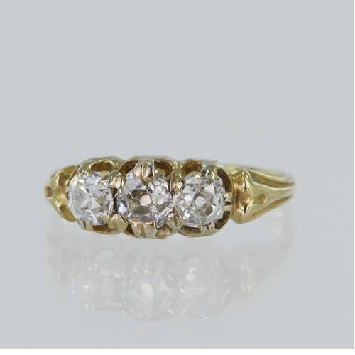 23 - Yellow gold (tests 18ct) antique diamond trilogy ring, three old cuts 0.30, 0.35ct and 0.31ct, TDW a... 