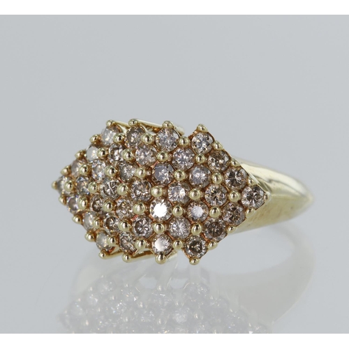 26 - 9ct yellow gold champagne diamond cluster ring, TDW approx. 0.74ct, seven rows of round brilliant cu... 