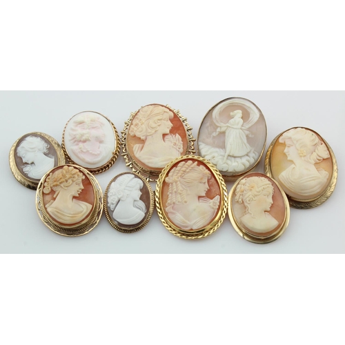 306 - Nine 9ct gold/tests 9ct cameo brooches, total weight 64.2g.