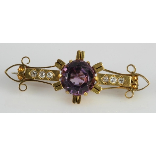 326 - Yellow gold (tests 18ct) antique diamond and amethyst bar brooch, round amethyst approx. 4.20ct diam... 