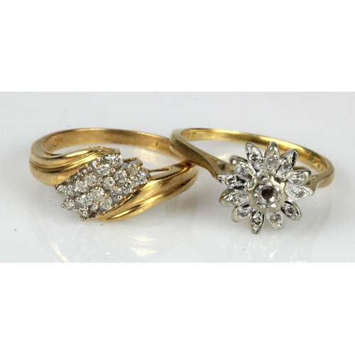 345 - Two 18ct gold diamond rings, finger size N and O, both rings have one stone missing, weight 7.2g.