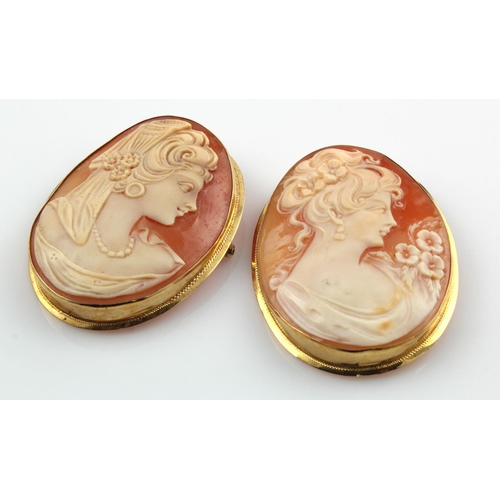 348 - Two yellow gold (tests 18ct) cameo brooches, both carved shell cameos depicting a woman in profile, ... 