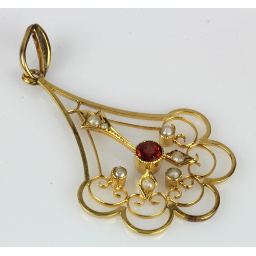 349 - Yellow gold (tests 9ct) antique lavalier pendant, set with seed pearls and garnet, length 49mm, weig... 