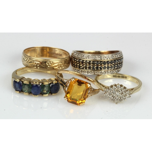 357 - Five 9ct gold/tests 9ct rings, stones include diamond, sapphire, paste, finger size M, N/O, O, Q/Rx2... 