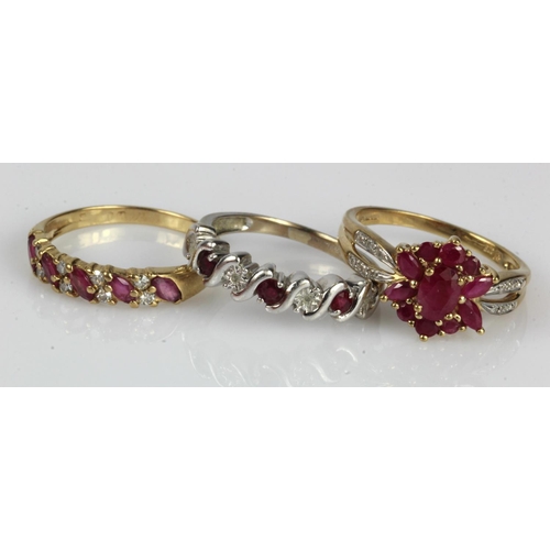 358 - Three 9ct gold rings, stones include diamond and ruby, finger sizes M/N, O/P and P, total weight 7.4... 