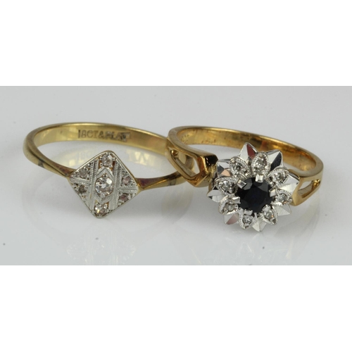 361 - Two yellow gold (tests 18ct) vintage rings, stones include diamonds and sapphires, finger size M/N, ... 