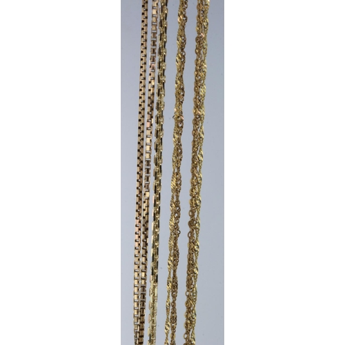 362 - Six 9ct gold chains, box chain length 14.5