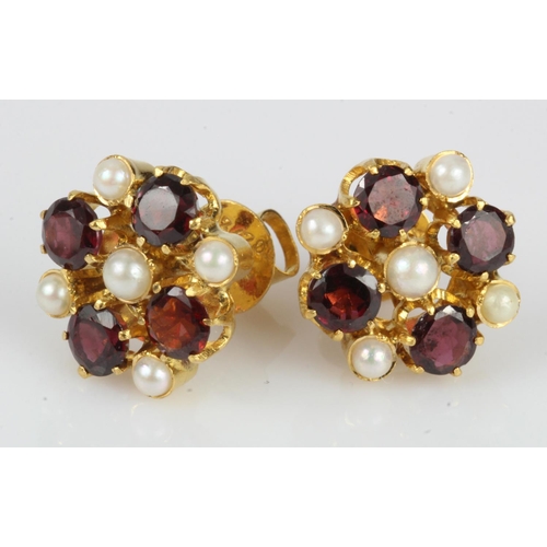 363 - Yellow gold (tests 18ct) pair of garnet and pearl stud earrings, cluster diameter approx. 15mm, scre... 