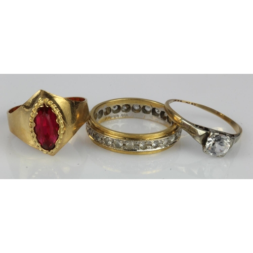 369 - Three yellow gold (tests 18ct) rings, stones include paste, CZ, finger sizes J/K, N, O, total weight... 