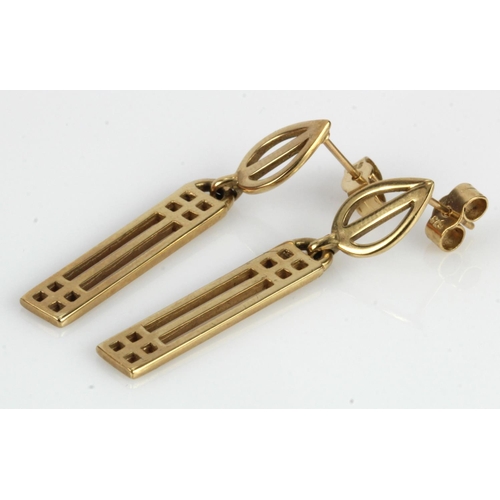 370 - 9ct yellow gold Rennie Mackintosh drop earrings, length 40mm, post and scroll fittings, weight 4g.