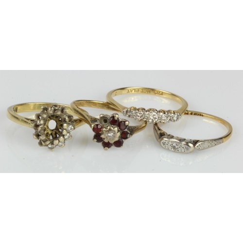 371 - Four 18ct gold/tests 18ct rings, stones include diamond and garnet, all with some damage, total weig... 