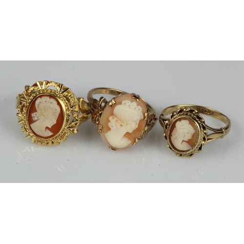 373 - Three 9ct gold cameo rings, finger sizes all O/P, total weight 10.8g.