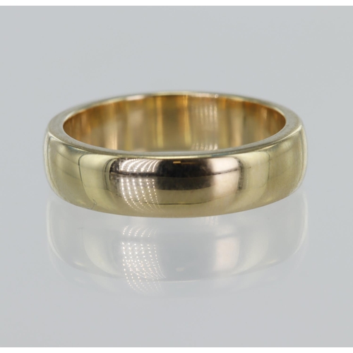 38 - 9ct yellow gold plain ring, heavy D-profile band, 5mm width, finger size Q/R, weight 7.8g.