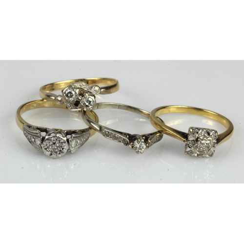 381 - Four 18ct gold/test 18ct vintage diamond rings, all with platinum settings, finger sizes include M a... 