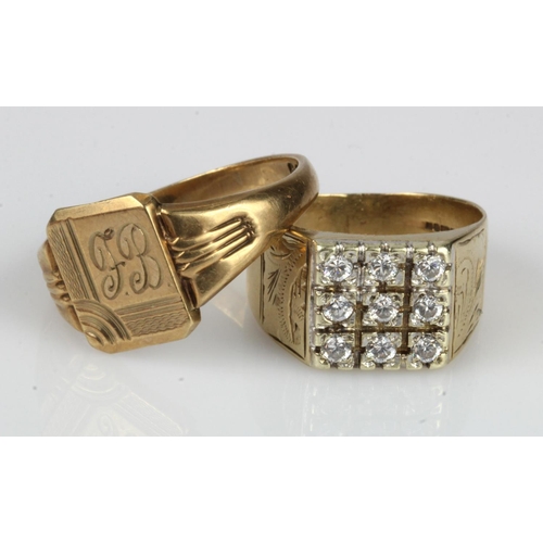 386 - Two 9ct gold signet rings, to include octagon shaped table engraved with FB, finger size W/X. Square... 