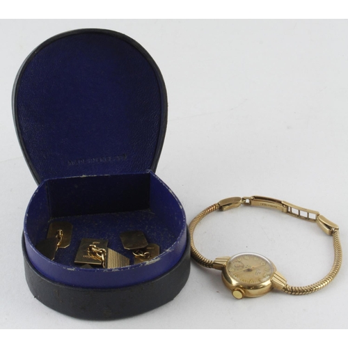 394 - Two pairs of 9ct cufflinks (weight 15g approx.) together with a 9ct Gold cased ladies wristwatch by ... 