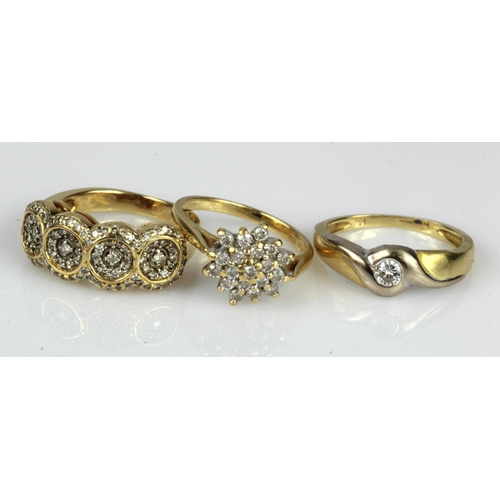 397 - Three 18ct gold/tests 18ct diamond rings, solitaire TDW approx. 0.15ct, finger size N/O. Cluster TDW... 