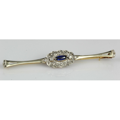 398 - Yellow gold (tests 18ct) diamond and synthetic sapphire bar brooch, oval syn. sapphire measures 7mm ... 