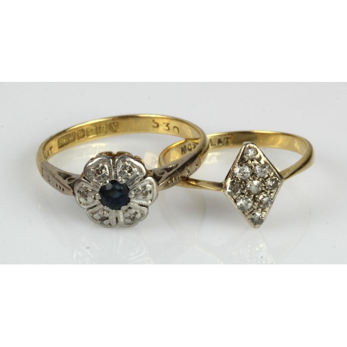 399 - Two yellow gold (tests 18ct) vintage rings, stones include diamond and sapphire, both with platinum ... 