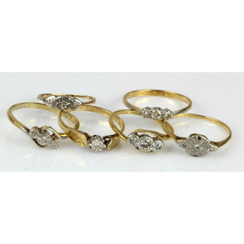 400 - Six yellow gold (tests 18ct) vintage diamond rings, finger sizes J/K, N/O, P/Q, Sx2, T, total weight... 