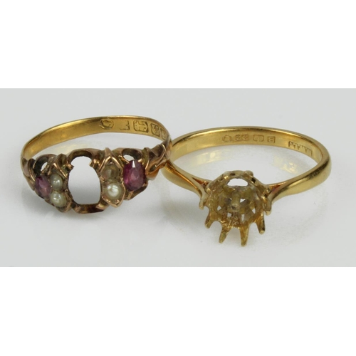 402 - Two 22ct gold rings, one vintage pearl mount (pearl missing), finger size P. Antique ruby and pearl ... 