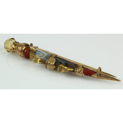 407 - Yellow gold (tests 9ct) Scottish dirk dagger brooch, set with three briolette cut citrine, jasper, b... 