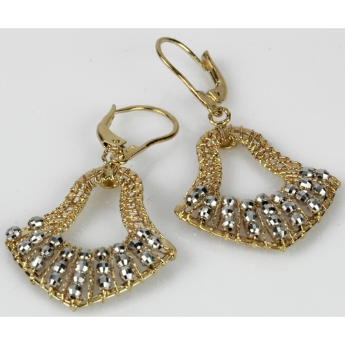 408 - A pair of yellow gold (tests 14ct) drop earrings, white gold details, length 52mm, leaver back fitti... 