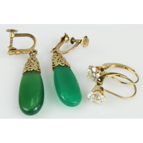 409 - Two pairs of yellow gold (tests 14ct earrings, CZ drops with a lever back fitting, green paste drop ... 