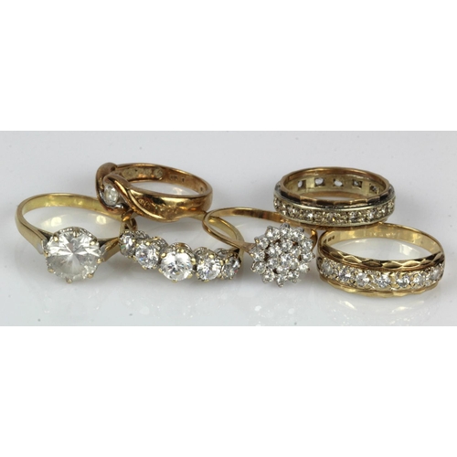 419 - Six 9ct gold/tests 9ct paste/CZ rings, finger sizes include L, L/M, N x2, P and S, total weight 15.5... 